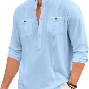 Cotton Blend Solid Casual Short Kurta for Men Long Sleeve Mandarin Collar Stylish Shirt Kurta for Men